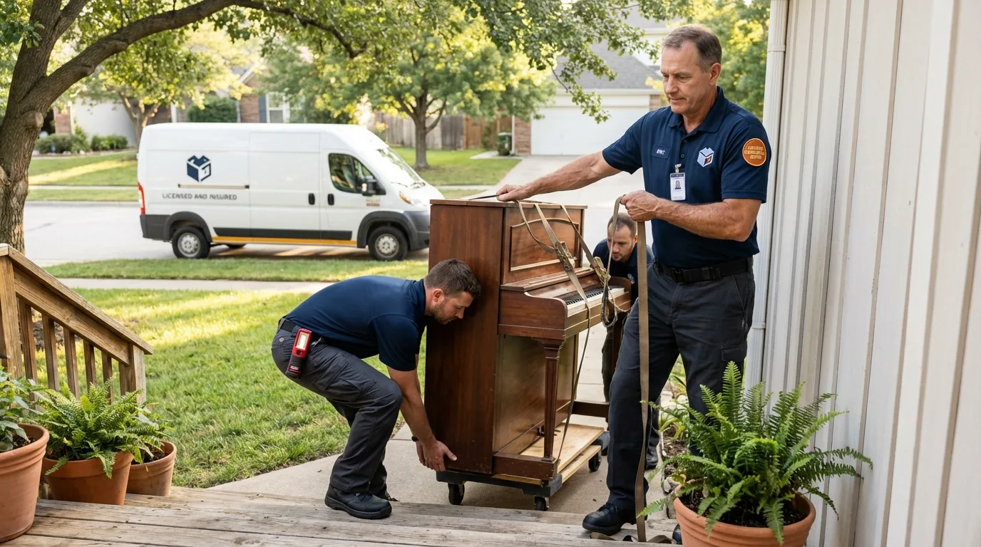 Licensed piano movers securing grand piano in Highland Mills, NY