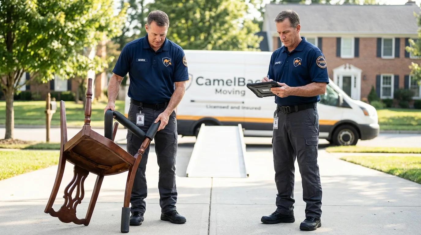 Movers inspecting furniture for damage prevention before loading in Highland Mills, NY
