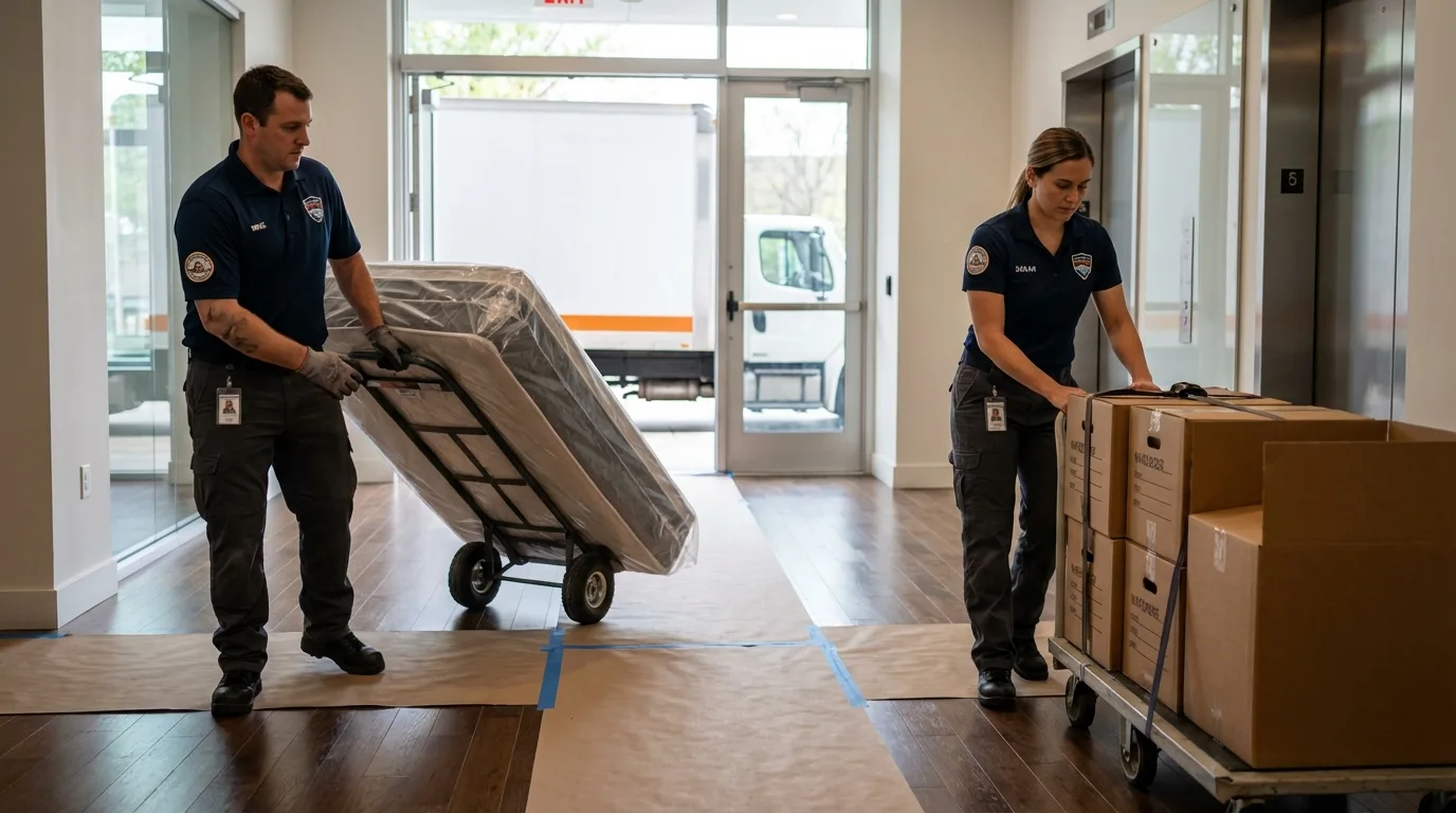 Professional apartment movers loading elevator in Highland Mills, NY