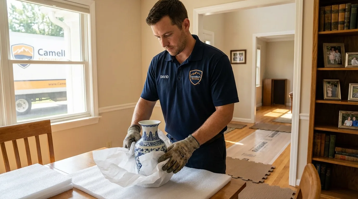 Professional crew carefully wrapping antique vase for senior downsizing move in Highland Mills, NY
